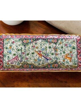 Soarte Portugal Pottery Tray Floral & Animal Motif Colorful Design Serveware, Ru